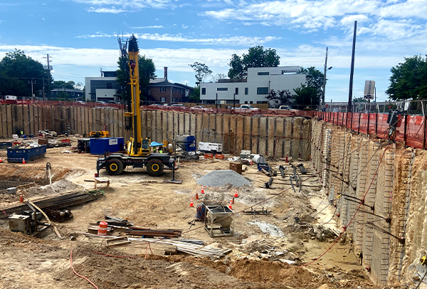 Construction site being excavated and underpinned in Sterling, VA
